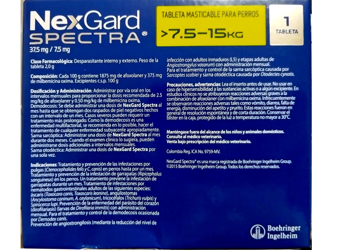 Nexgard Spectra 7,5-15 kg desparasitante de  pulgas y garrapatas para perros